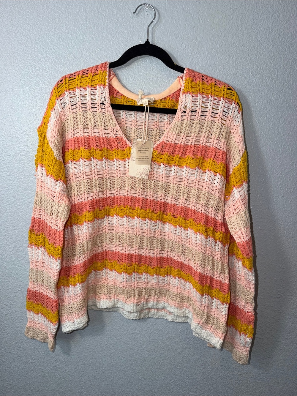 Striped Open-Knit V-Neck Sweater in Peach,Mustard,Cream & Tan